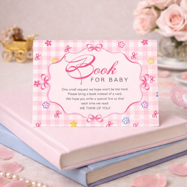 Tarjeta De Recepción Pink Gingham Floral Bow Book for Baby Insert Card (Subido por el creador)