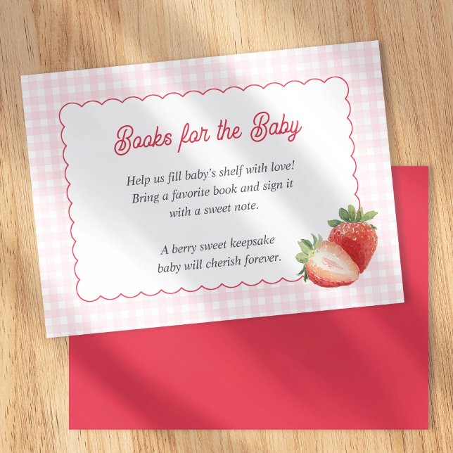 Tarjeta De Recepción Pink Gingham Strawberry-Books for Baby Cards (Berry Sweet, Strawberry with pink gingham-Books for baby card. Spring Baby Girl shower insert card.)