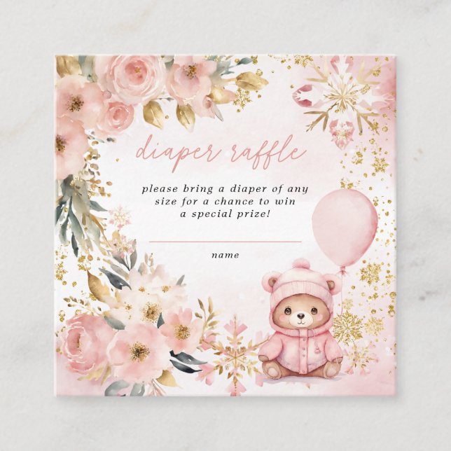 Tarjeta De Recepción Pink Gold Floral Baby Shower Diaper Raffle (Anverso)