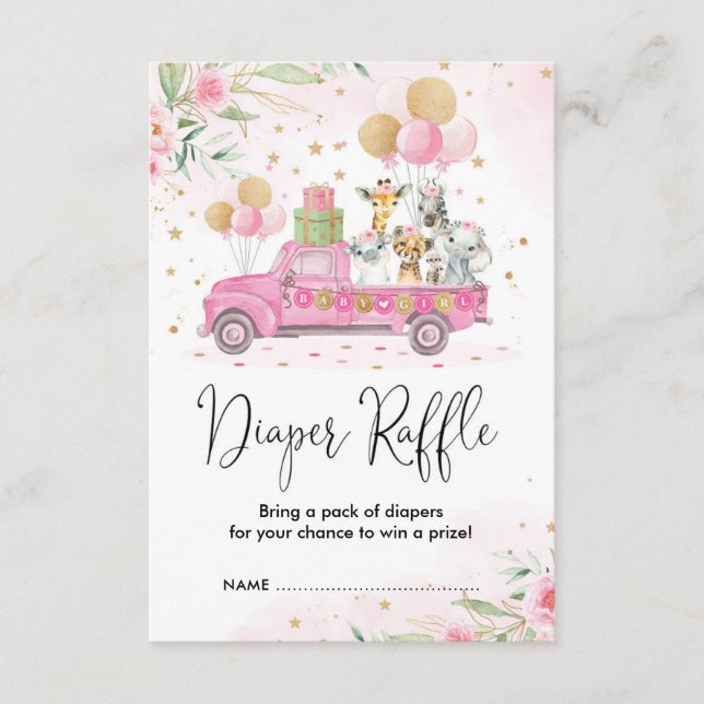 Tarjeta De Recepción Pink Gold Jungle Safari Animales Diaper Raffle (Anverso)