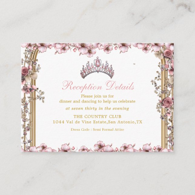 Tarjeta De Recepción Pink Golden Tiara Floral Quinceañer Enclosure Card (Anverso)