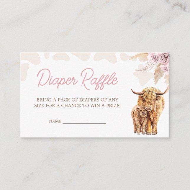 Tarjeta De Recepción Pink Highland Cow Baby Shower Diaper Raffle (Anverso)