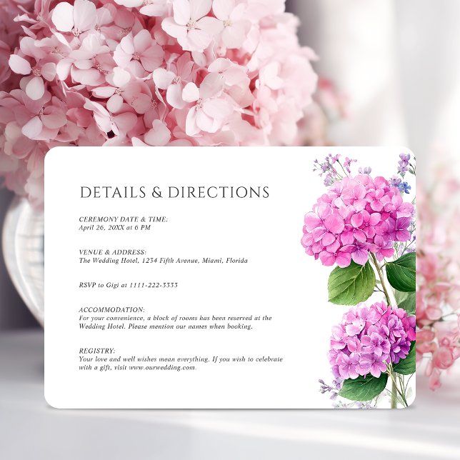 Tarjeta De Recepción Pink Hydrangea Flowers Watercolor Elegant Wedding (Pink Hydrangea Flowers Watercolor Elegant Wedding Enclosure Card)