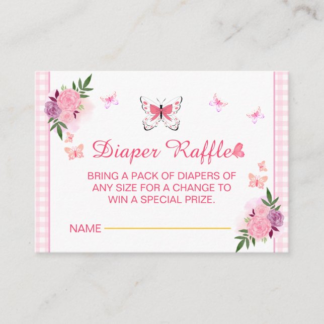 Tarjeta De Recepción Pink Little Butterfly Baby Shower Diaper Raffle  (Anverso)
