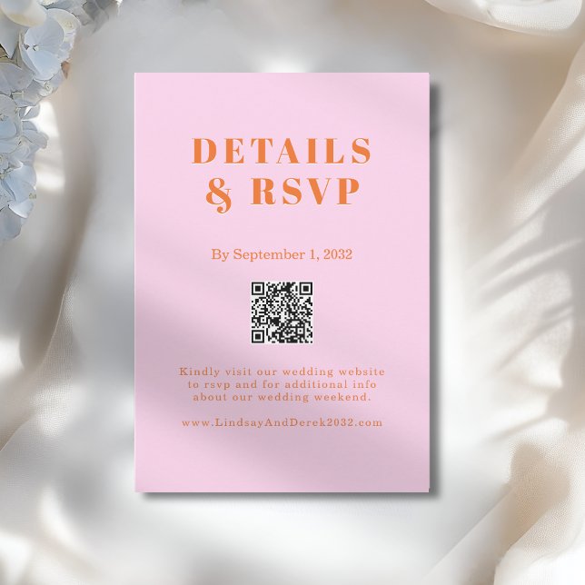 Tarjeta De Recepción Pink Orange Bold Font QR Code Wedding RSVP  (Pink Orange Bold Font QR Code Wedding RSVP Enclosure Card)