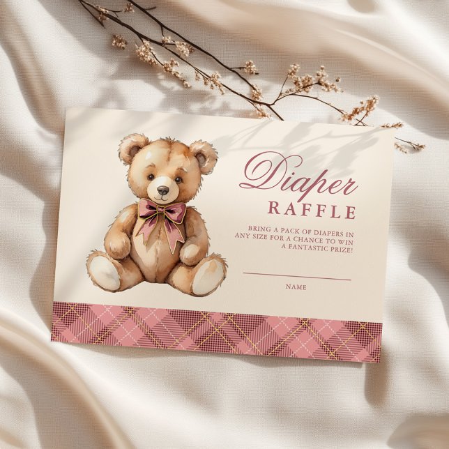 Tarjeta De Recepción Pink Plaid Bear Baby Shower Diaper Raffle (Subido por el creador)