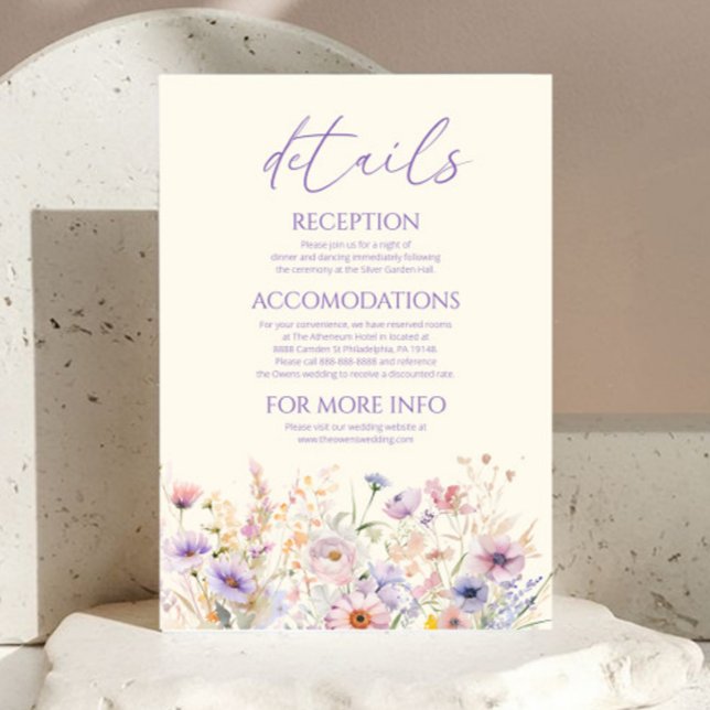 Tarjeta De Recepción Pink Purple Wildflower Meadow Wedding Details (Subido por el creador)