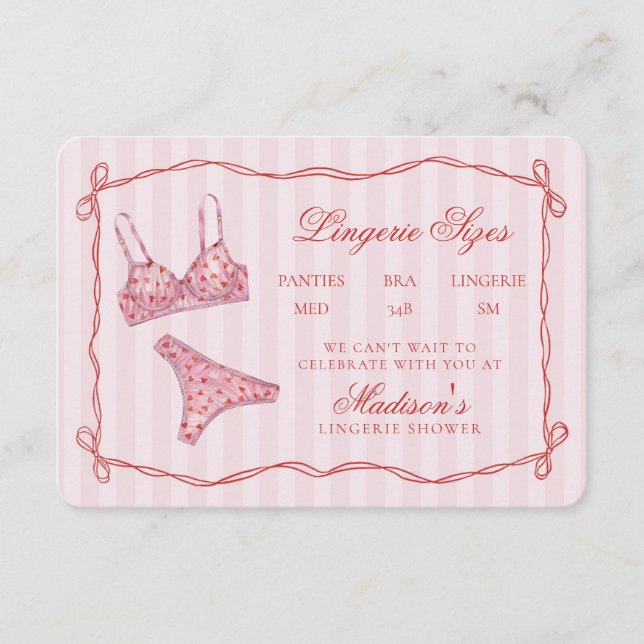 Tarjeta De Recepción Pink & Red Heart Lingerie Sizes Shower Bow (Anverso)