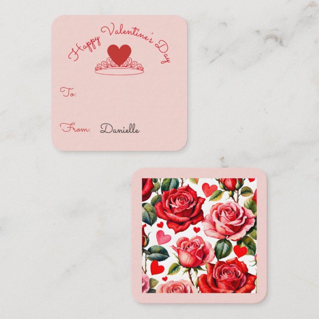Tarjeta De Recepción Pink & Red Roses Heart Crown Classroom Valentine (Anverso / Reverso)