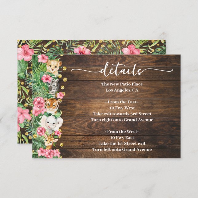 Tarjeta De Recepción Pink Rustic Wild Safari Animals Baby Shower Detail (Anverso / Reverso)
