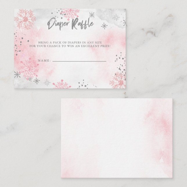 Tarjeta De Recepción Pink Silver Snowflakes Baby Shower Diaper Raffle (Anverso / Reverso)