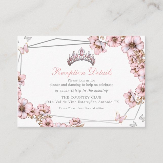 Tarjeta De Recepción Pink Silver Tiara Butterfly Enclosure Card (Anverso)
