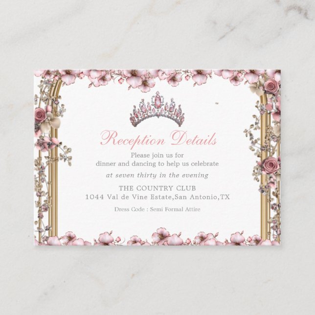 Tarjeta De Recepción Pink Silver Tiara Floral Quinceañer Enclosure Card (Anverso)