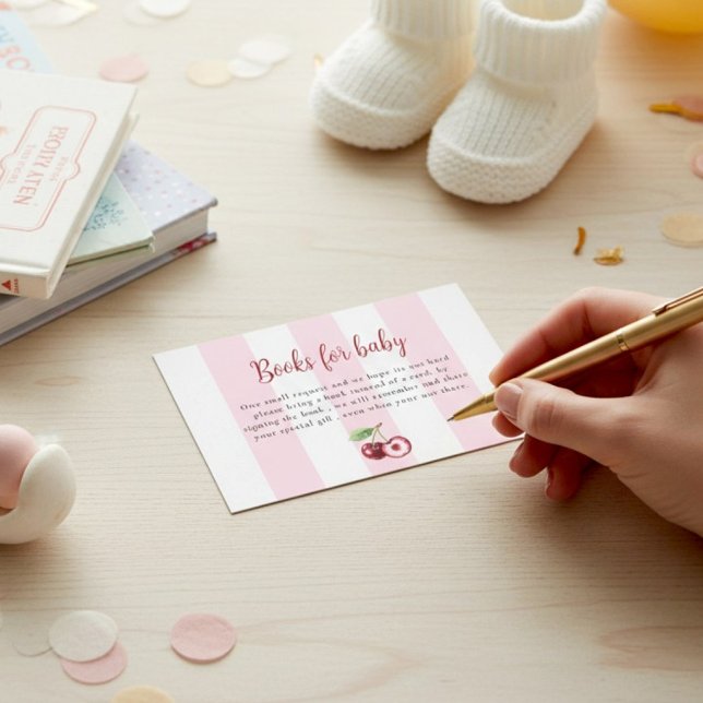 Tarjeta De Recepción Pink Stripes Cherry Books for Baby Shower  (Subido por el creador)