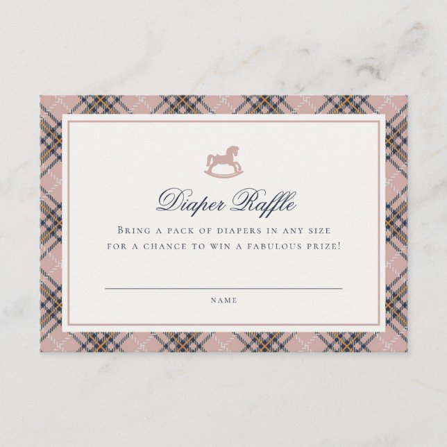 Tarjeta De Recepción Pink Tartan Plaid Rocking Horse Diaper Raffle Card (Anverso)