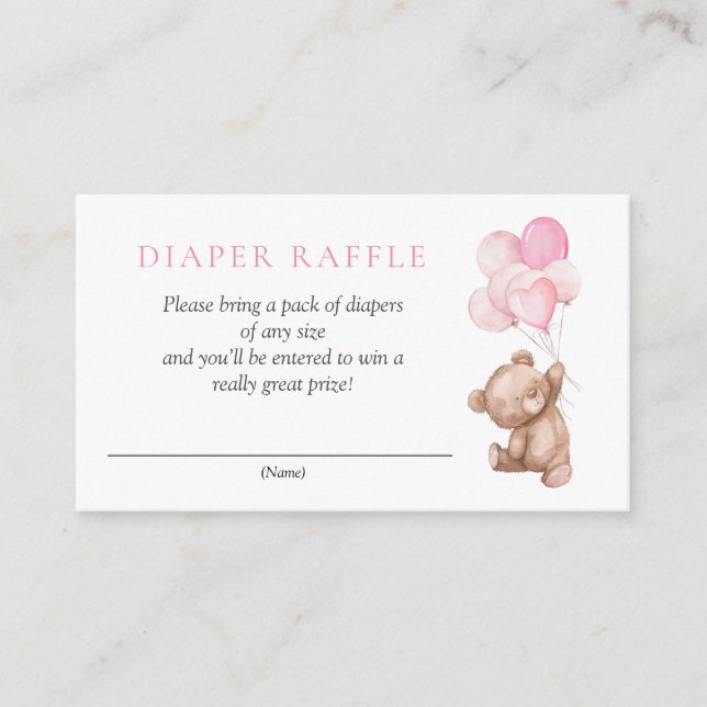 Tarjeta De Recepción Pink Teddy Bear Baby Shower Diaper Raffle (Anverso)