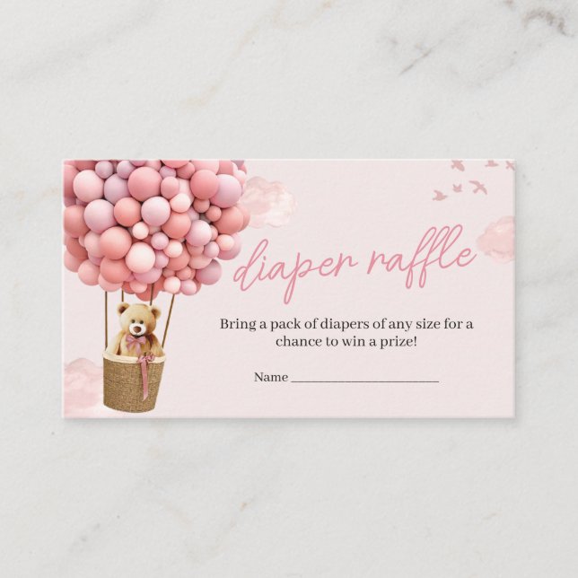 Tarjeta De Recepción Pink Teddy Bear Balloon Baby Shower Diaper Raffle (Anverso)