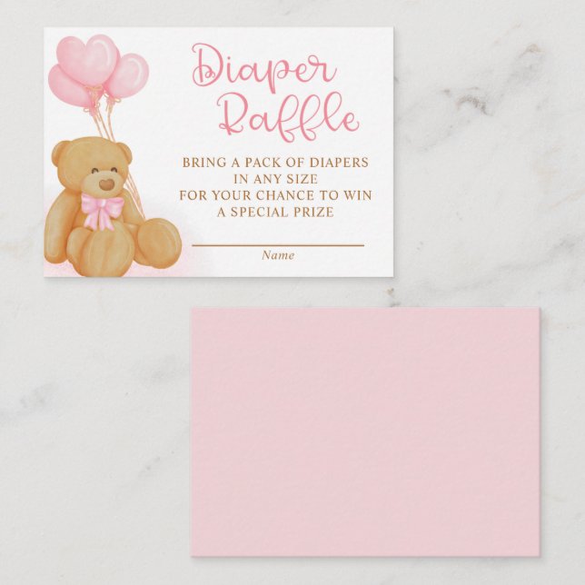 Tarjeta De Recepción Pink Teddy Bear Globos Diaper Raffle (Anverso / Reverso)