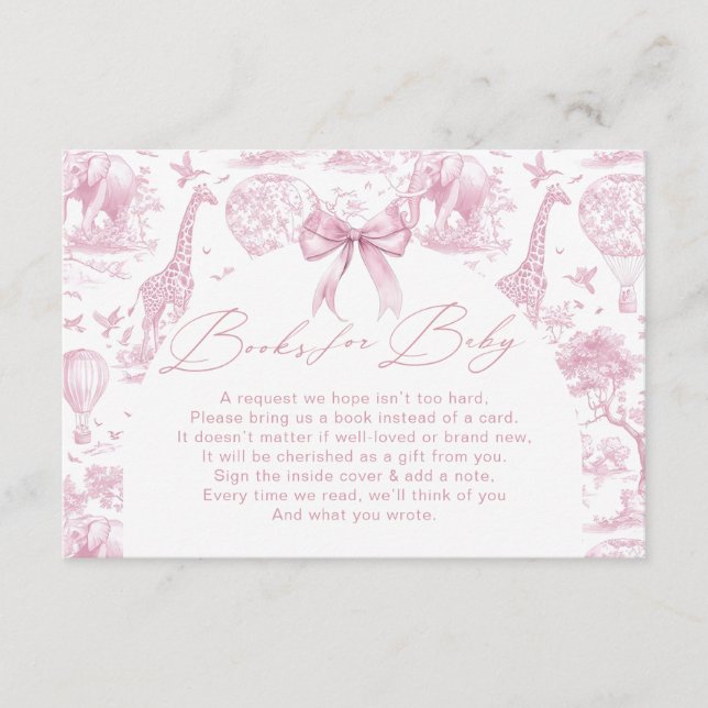Tarjeta De Recepción Pink Toile Safari Animal Books For Baby (Anverso)