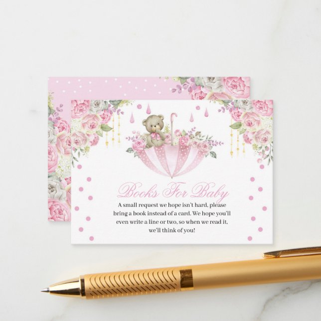 Tarjeta De Recepción Pink Umbrella Teddy Bear Books para bebé (Anverso/Reverso In Situ)