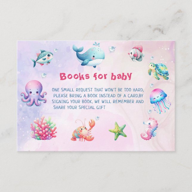 Tarjeta De Recepción Pink Under Sea Baby Shower Books For Baby (Anverso)