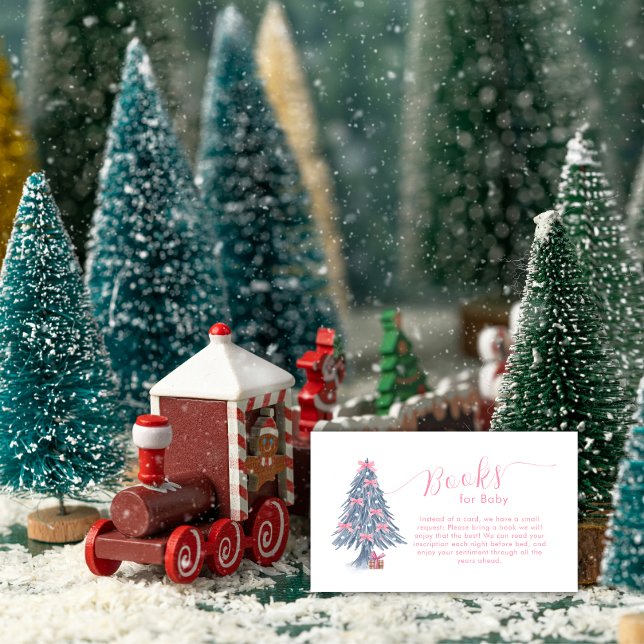 Tarjeta De Recepción Pink Winter Bow Christmas Tree Books Baby Shower  (Pink Winter Bow Christmas Tree Books Baby Shower Enclosure Card)