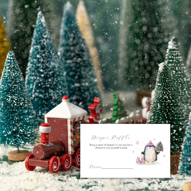 Tarjeta De Recepción Pink Winter Penguin Diaper Raffle Baby Shower  (Pink Winter Penguin Diaper Raffle Baby Shower Enclosure Card)