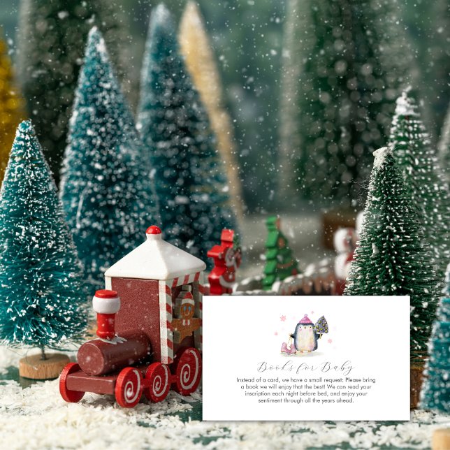Tarjeta De Recepción Pink Winter Skate Penguin Books for Baby Shower  (Pink Winter Skate Penguin Books for Baby Shower Enclosure Card)