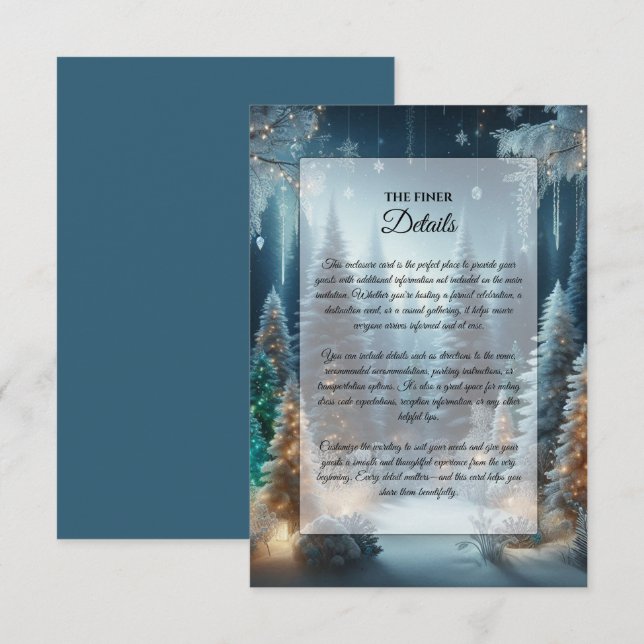 Tarjeta De Recepción Pinos escarchados en Boda de brillo invernal (Anverso / Reverso)