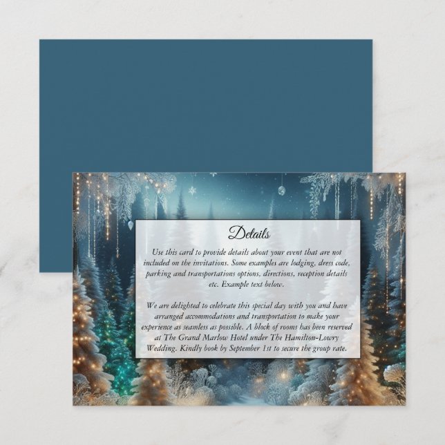 Tarjeta De Recepción Pinos escarchados en Boda de brillo invernal (Anverso / Reverso)