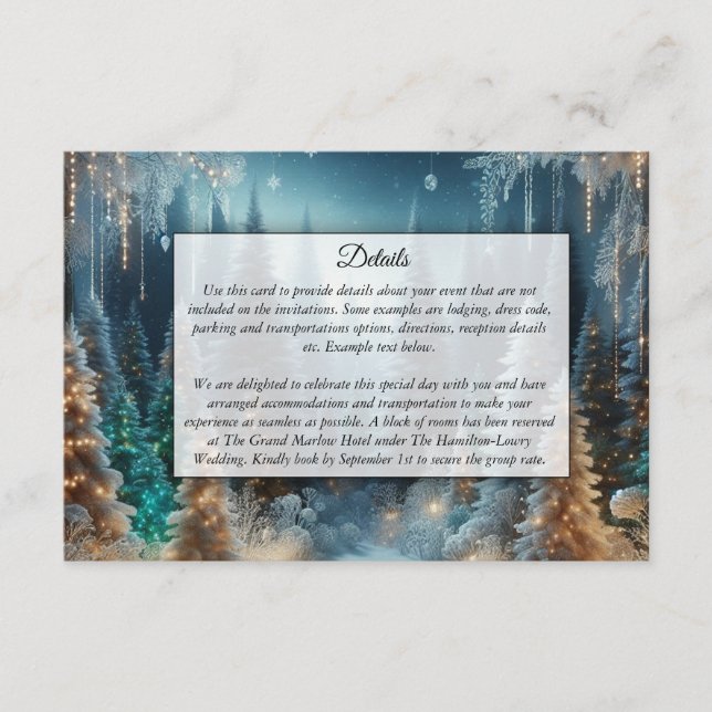 Tarjeta De Recepción Pinos escarchados en Boda de brillo invernal (Anverso)