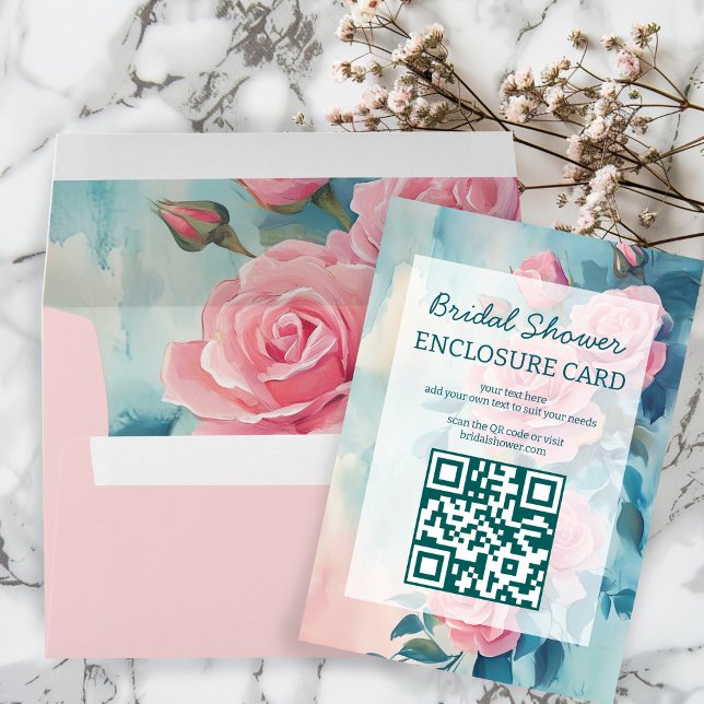 Tarjeta De Recepción Pintura de Rosas Rosadas para Despedida de Soltera (Pink Roses Painting Bridal Shower CUSTOM QR Code Enclosure Card
)