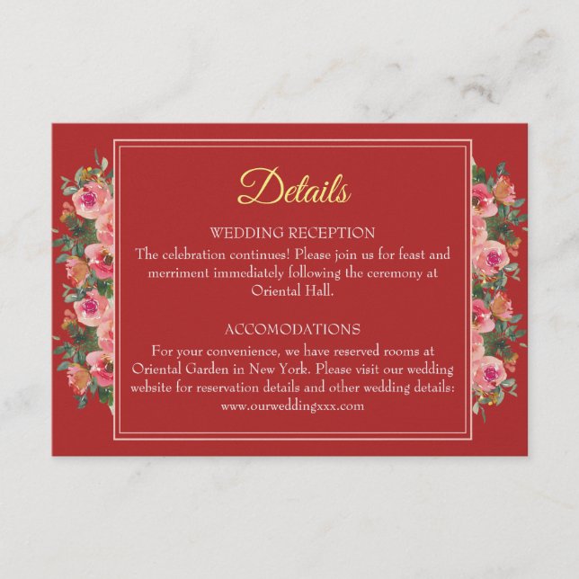 Tarjeta De Recepción Pionero floral rosa detalles modernos de boda chin (Anverso)