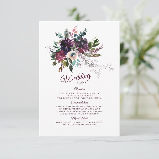 Tarjeta De Recepción Planes de Boda floral de Borgoña Splendor Boho (Anverso de pie)