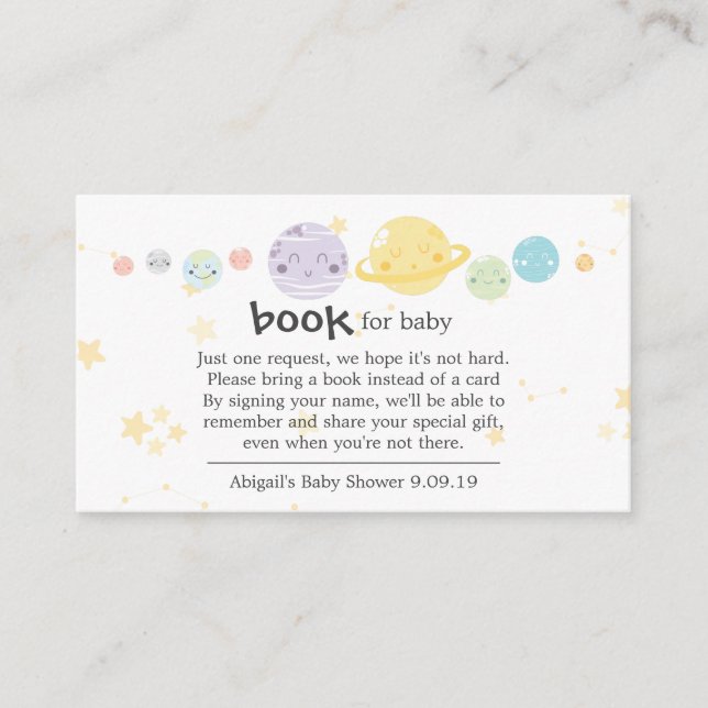 Tarjeta De Recepción Planetas kawaii con libros de estrellas para bebé (Anverso)