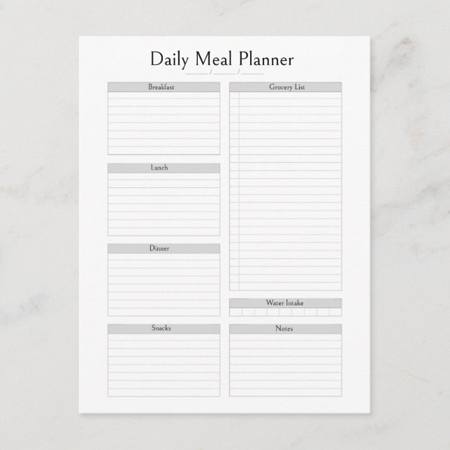 Tarjeta De Recepción Planificador de Comidas Diarias | Editable Simple  (Anverso)