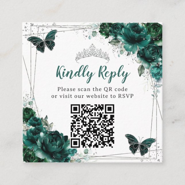 Tarjeta De Recepción Plata floral verde esmeralda Quinceañera QR Code (Anverso)