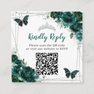 Tarjeta De Recepción Plata floral verde esmeralda Quinceañera QR Code