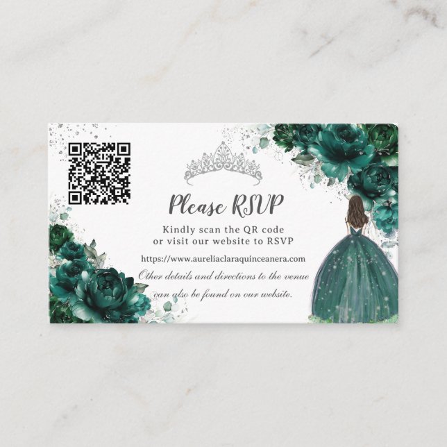 Tarjeta De Recepción Plata floral verde esmeralda Quinceañera QR Code (Anverso)