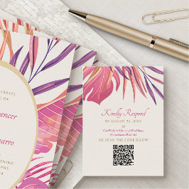 Tarjeta De Recepción Playa Tropical Boda Rosa RSVP QR
