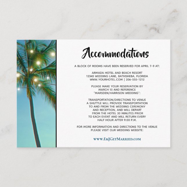 Tarjeta De Recepción Playa Tropical Ilumina Alojamiento Ombre Boda (Anverso)