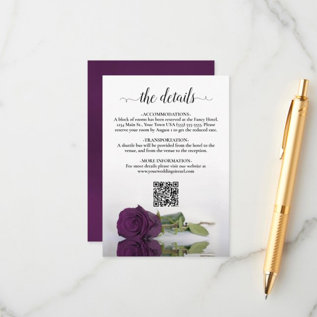 Tarjeta De Recepción Plum Purple Rosa Elegante Detalles de Boda QR Códi (Anverso/Reverso In Situ)