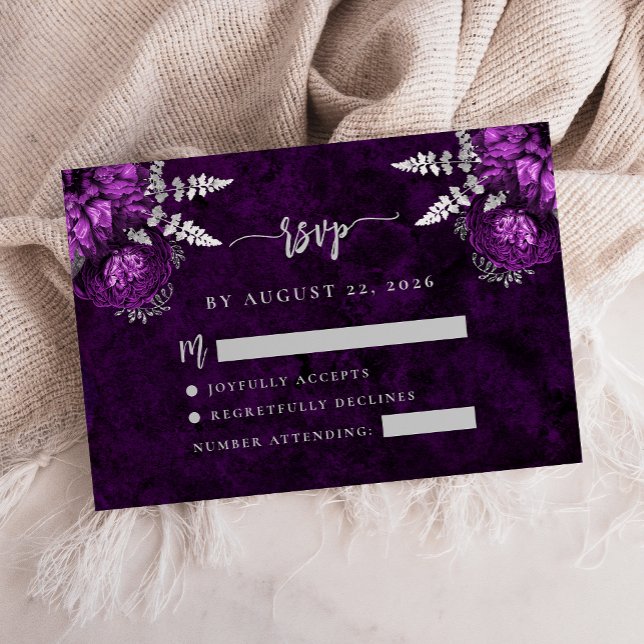 Tarjeta De Recepción Plum Purple Silver Floral Script Wedding RSVP (Subido por el creador)