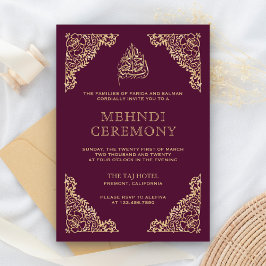 Tarjeta De Recepción Pluma de Ornato Floral y Mehndi Islámico de Oro