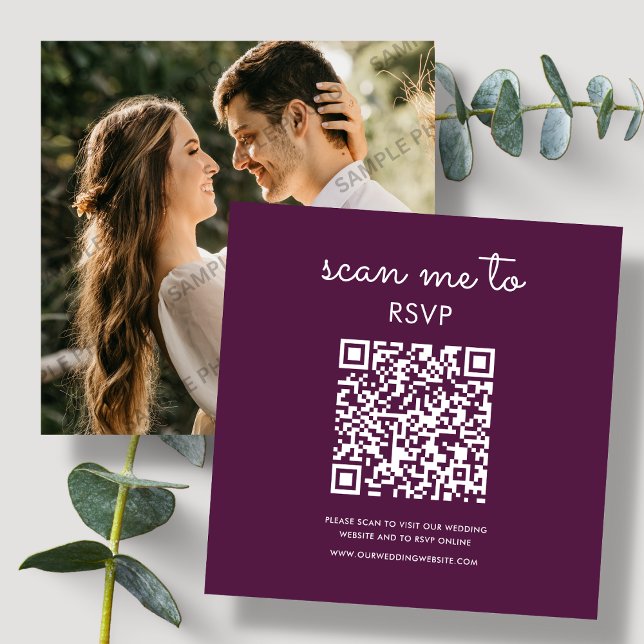 Tarjeta De Recepción Pluma profunda púrpura | Código QR RSVP de boda (Subido por el creador)