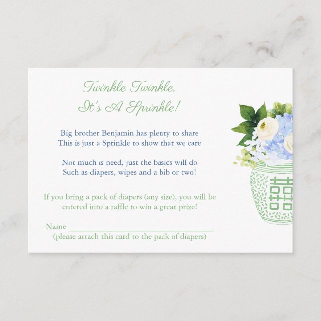 Tarjeta De Recepción Poema Baby Shower De Chinoiserie Verde Pálido Y Bl (Anverso)