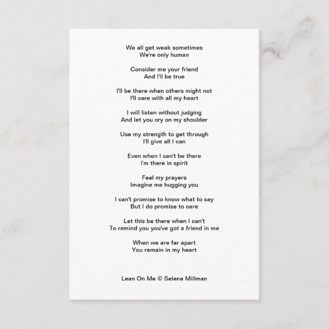 Tarjeta De Recepción Poema "Lean On Me" (Anverso)