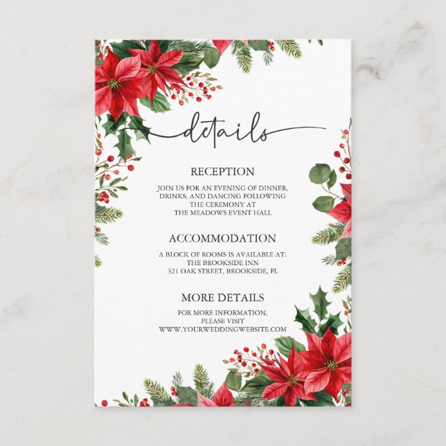 Tarjeta De Recepción Poinsettia Elegant Christmas Wedding (Anverso)