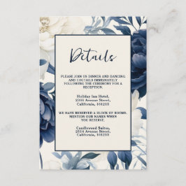 Tarjeta De Recepción Polvorienta acuarela azul marino y floral blanca