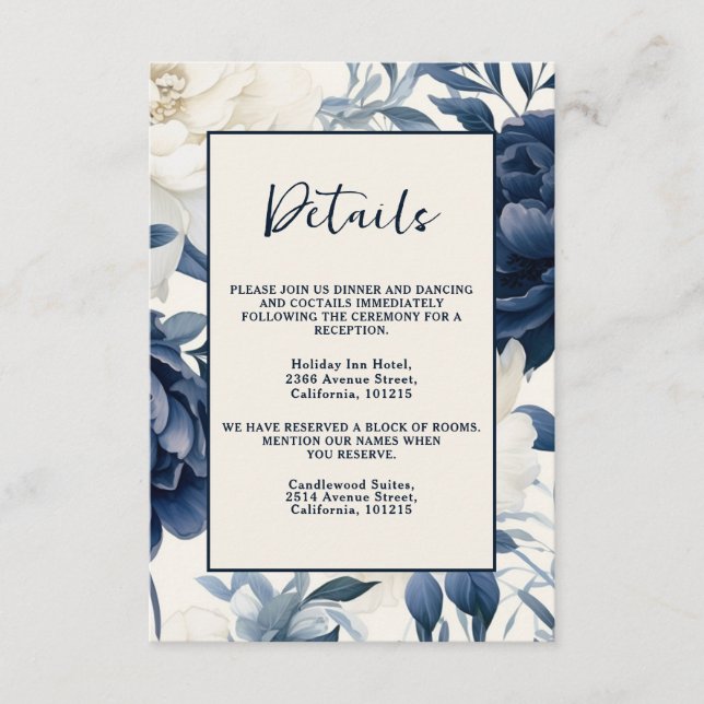 Tarjeta De Recepción Polvorienta acuarela azul marino y floral blanca (Anverso)